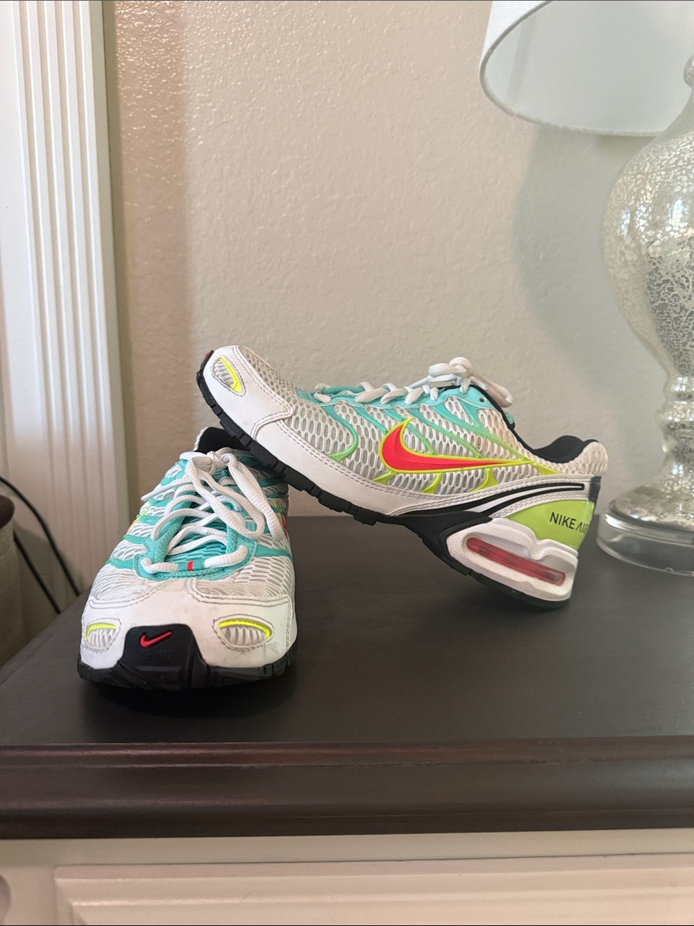 Nike Teal & White Air Max Sneakers with Neon Orange Swoosh